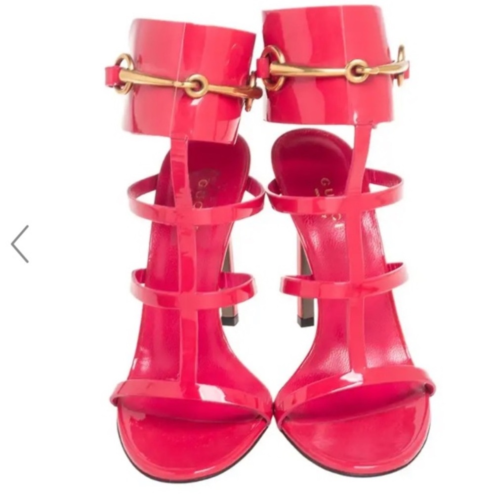 Gucci Pink Patent Leather Ursula Horsebit Ankle-Strap Sandals Size 37